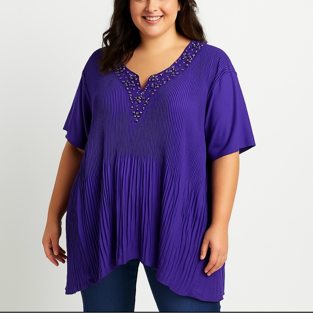 Catherines Purple Crinkle Pleated Beaded Short Sleeve Georgette Top Size 5X